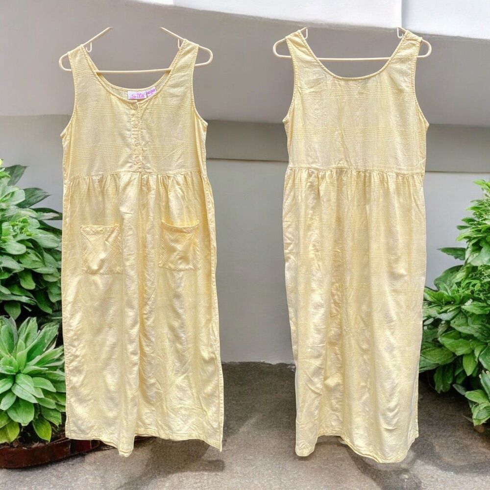 Vtg SITA Butter Yellow Sundress M Cotton Cottage Cabin Boho Plaid Texture Pocket